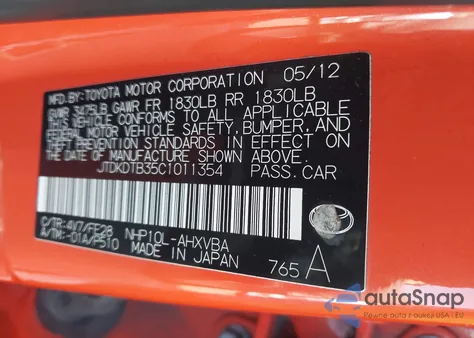 2012 Toyota Prius C One from USA, damaged, VIN JTDKDTB35C1011354